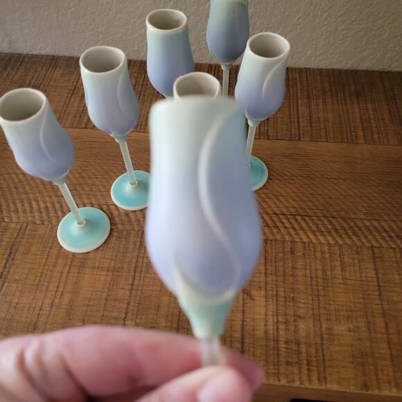 Retired Newman Ceramic Works Blue Rosebud Cordial Glasses Signed Set of 6 - Picture 10 of 10